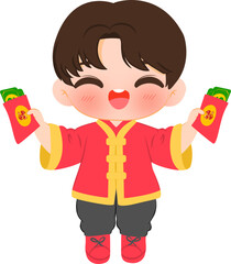 boy holding red envelopes celebrating chinese new year