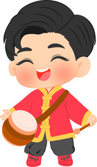 Cute Chibi Boy Playing Drum for Chinese New Year Celebration