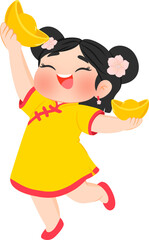 Cute Chinese New Year Girl Character Holding Gold Ingots	