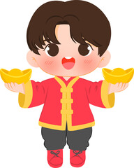 Cute Chinese New Year Boy Character Holding Gold Ingots
