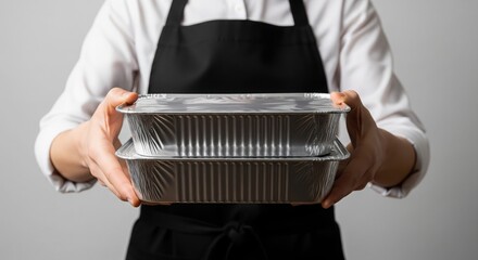 Meal Delivery Service: A person in a black apron expertly presents two prepared food containers, symbolizing convenience, quality, and the pleasure of culinary service.