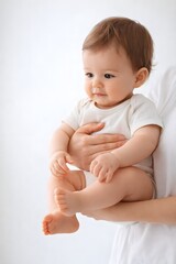 Fictional baby being safely carried by unseen adult hands in neutral background