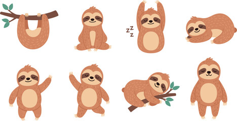 Obraz premium Cute Sloth Cartoon Character Set with Various Poses Sleeping Hanging on Branch and Waving for Children Nursery Decor Stickers and Tropical Wildlife Designs