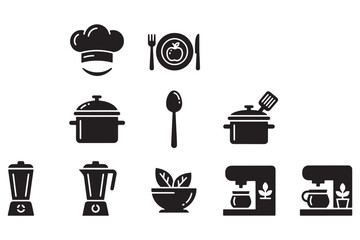 A collection of kitchen icons including cooking utensils and appliances on a white background