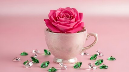 Single pink rose in teacup with scattered gems
