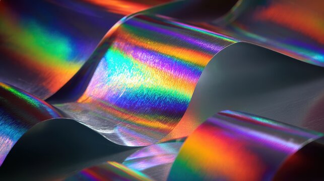 Holographic print in motion shimmering with rainbow reflections as light hits various angles showcasing dynamic and eyecatching visual appeal on packaging.