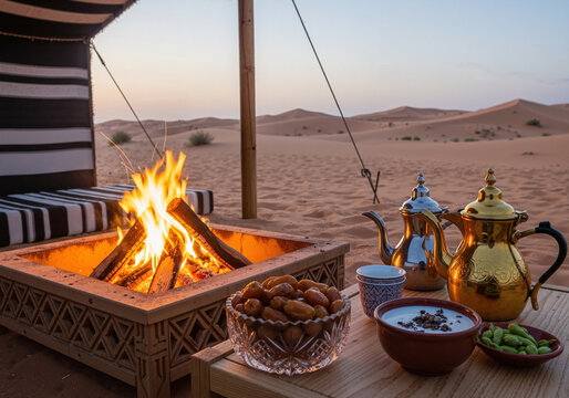 Traditional Arabic coffee dallah and campfire at a desert camp with dates and sand dunes at sunset.