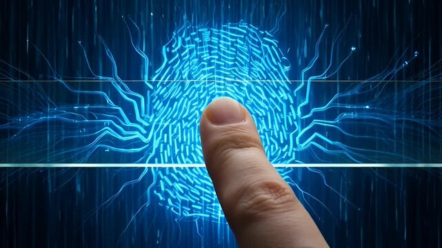 Close-up of Human Finger Touching Futuristic Glowing Digital Interface Screen with Blue Vertical Lines Background