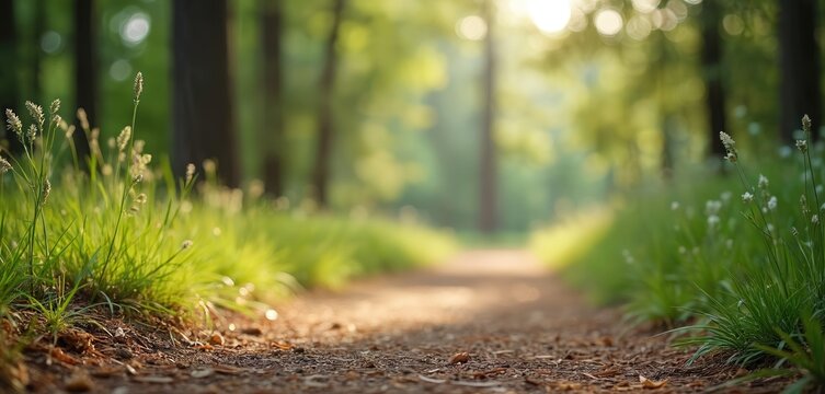 Dirt path leads through forest with green grass and trees. Sunlight shines through canopy creating blurred background with bokeh lights and copy space.