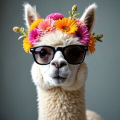 Obraz premium Funny llama wears sunglasses and flower crown. This calm animal poses for a portrait, looking cool and stylish for a summer vacation or party. Its fluffy wool is well visible.