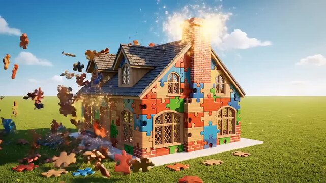A whimsical house constructed entirely from colorful puzzle pieces sits on a green grassy field under a blue sky.