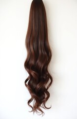 Obraz premium Long wavy brown hair extension clip on ponytail isolated on white background. Realistic synthetic hairpiece adds volume and length instantly. Versatile hair accessory for quick style change.