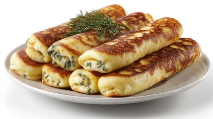 Green spinach and cheese tortillas stacked on a plate against a light background