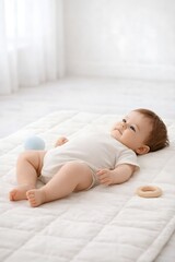 Human baby lying on soft mat looking upward in clean indoor environment 