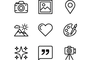 Fototapeta premium Set of simple outline icons representing camera, photo, location, mountains, heart, art, stars, quote and tripod camera