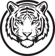 Majestic Tiger Head Emblem Bold Black and White Circular Mascot Featuring a Detailed Tiger Face with Powerful Stripes