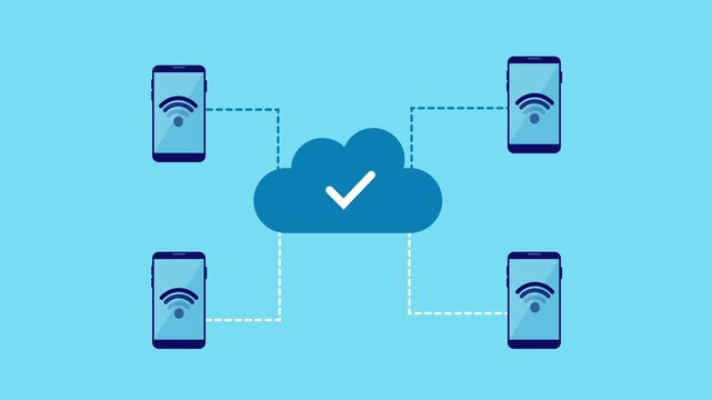 Flat vector illustration of a cloud with a checkmark connected to four smartphones, showing blue upload flow and white download flow for verified mobile cloud synchronization on a light blue backgroun