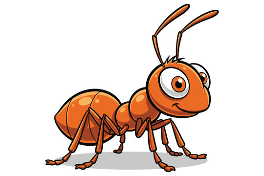 A cartoon orange ant with big eyes and a smile standing on a white background