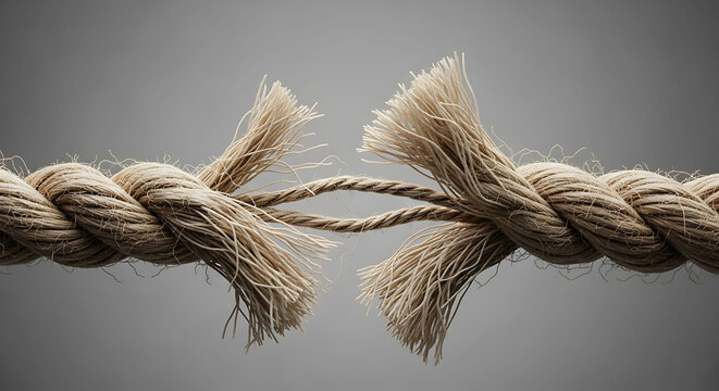 A closeup of a broken rope with frayed ends on a gray background