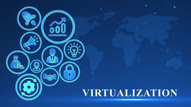 Virtualization Technology Concept with Global Network and Business Icons on Blue Background image photo