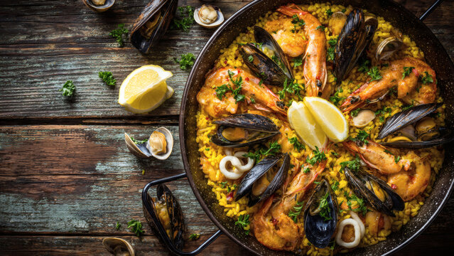 A top-down professional shot of a delicious seafood paella dish with shrimp, mussels, and lemon on a rustic wooden table