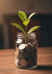 A small green plant growing out of a jar of coins on a wooden table