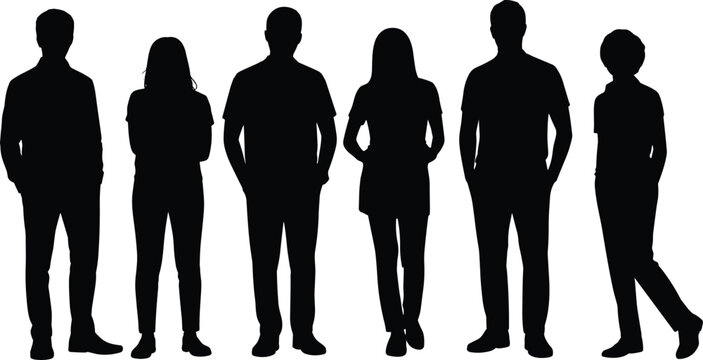 Diverse group of six people standing together in silhouette, casual men and women posing side by side on white background.