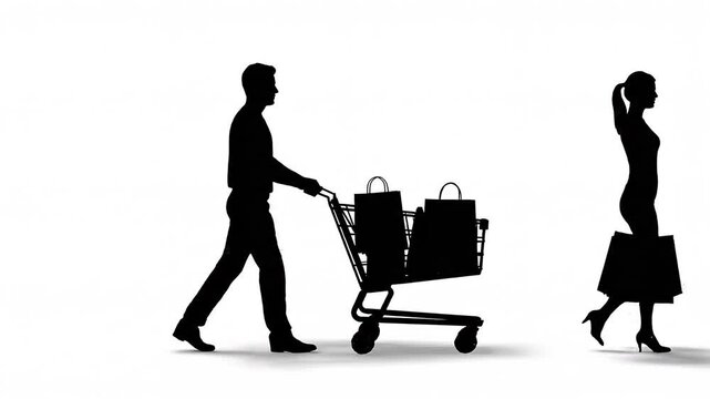 Shopping Silhouette of Man and Woman with Cart on White Background