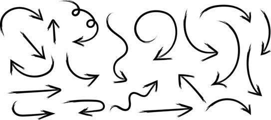 Fototapeta premium A collection of hand drawn black arrows and swirling lines depicts various directional movements and circular pathways on a white background high quality