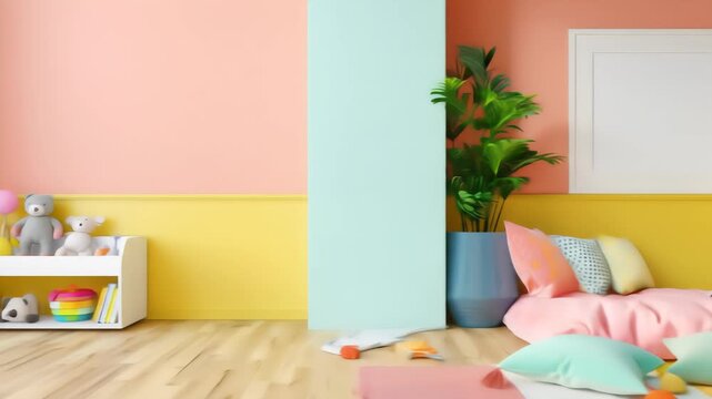 A lively and inviting children's room featuring comfortable floor cushions, a soft blanket, and a large blank frame ready for art, set against a cheerful pastel wall.