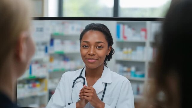 Call starting, doctor on screen wearing coat steth in clinic, explaining meds, reassuring patients