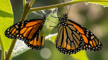 Two Monarch Butterflies On A Leaf