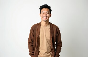 Obraz premium Smiling Vietnamese man wears brown cardigan over beige t-shirt. He stands against plain white backdrop, projecting confidence, warmth. This casual portrait is perfect for lifestyle, business content.