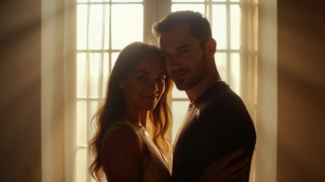 Sunlight drawing couple sharing smiles while embracing before paned window in lace top and dark tee