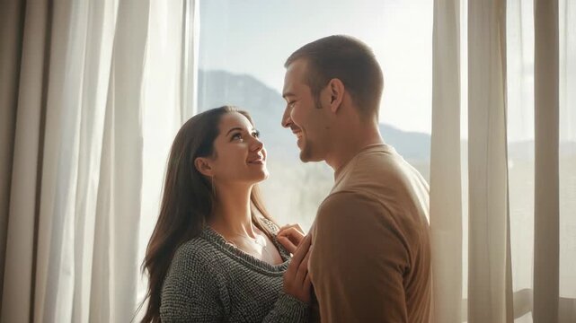 Making eye contact, pair touching pendant and chest at home by window, showing love, grey knit
