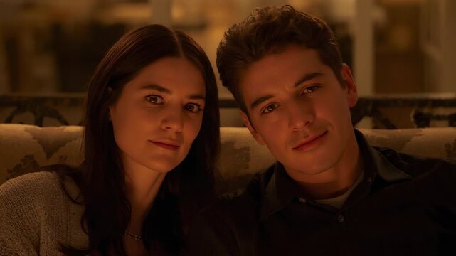 Responding to greeting, couple leaning and smiling on sofa, woman in red top, necklace visible