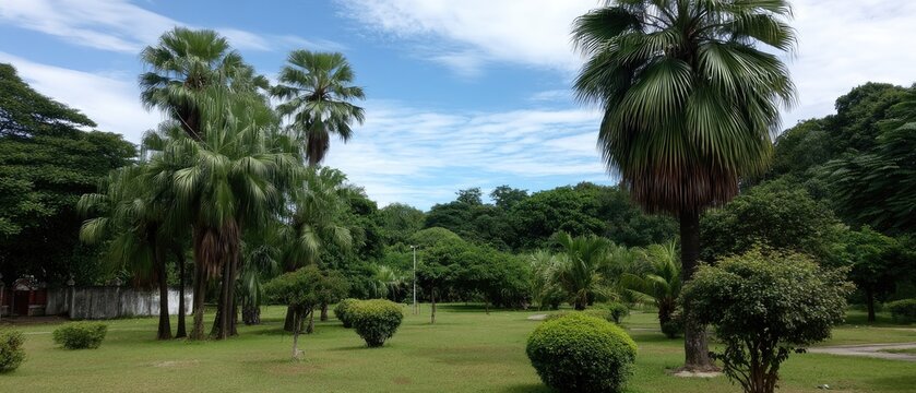 Lush green park with palm trees and bushes in Alor Setar, Alappuzha during daylight captured in a large style stock photo contest setting