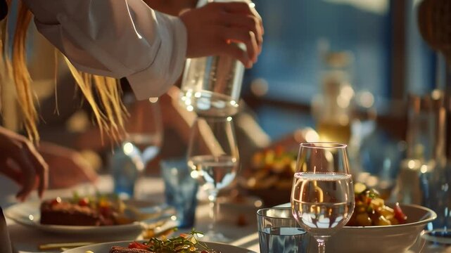 Waiter pouring sparkling water into a wine glass on an elegant restaurant table with gourmet dishes and warm evening lighting