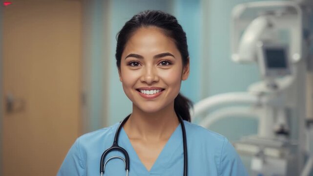 Camera rolling, nurse in scrubs with stethoscope holding gaze, smiling, greeting in clinic C-arm