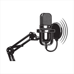 Vintage podcast microphone with adjustable boom arm and pop filter is isolated on transparent background © Shamima