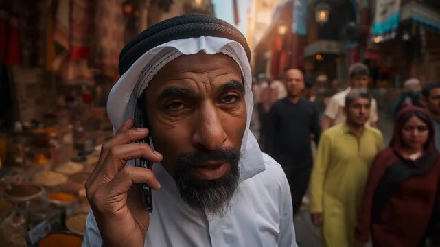 Answering call, man in white thobe with black agal walking, holding phone, speaking through market