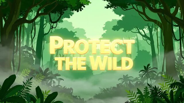 Protect the Wild Lush Jungle Landscape with Foggy Undergrowth and Glowing Text.
