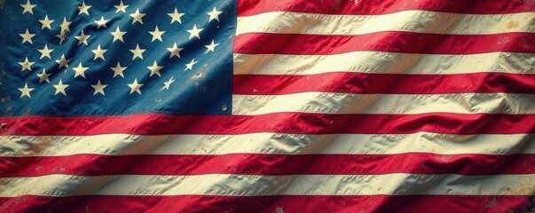 Fototapeta premium Close-up of weathered baseball flag, faded stars and stripes , cotton, emblem