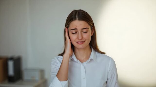 Reading woman in white button-up shirt holding paper and reacting to sweeping spotlight in office