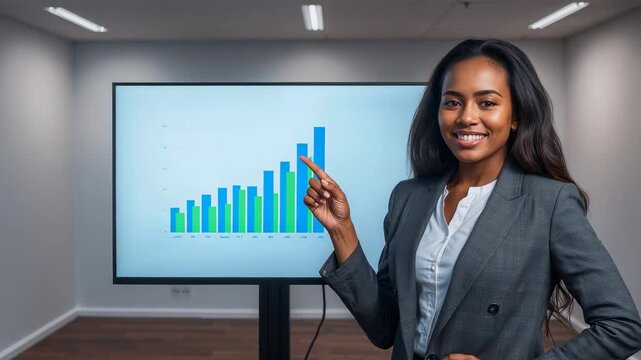 Pointing host in gray blazer highlighting rising chart after prompt in meeting room, copy space