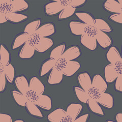 Seamless floral pattern, classic flower ornament, abstract ditsy print in vintage motif. Elegant botanical design of beautiful large wild flowers, leaves, small branches, herbs. Vector illustration.