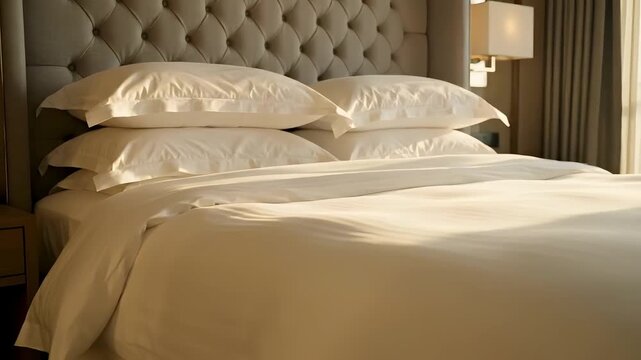 A beautifully made bed with crisp white linens and multiple pillows features an elegant tufted headboard in a bright, inviting room.