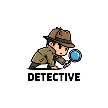 Cute Cartoon Detective Character with Magnifying Glass Logo.
