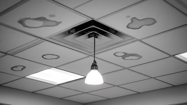 Water stains cover the ceiling tiles under a light fixture in a commercial building during the daytime