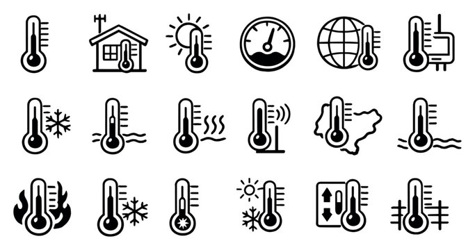 Thermometers for Weather and Environment in outline style: outdoor thermometer, weather station icon, thermometer in the sun, outdoor temperature gauge, climate. Vector icons